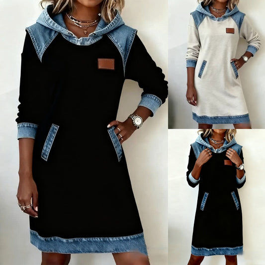 🌷🌞Nova zimska modna patchwork obleka s kapuco iz džinsa