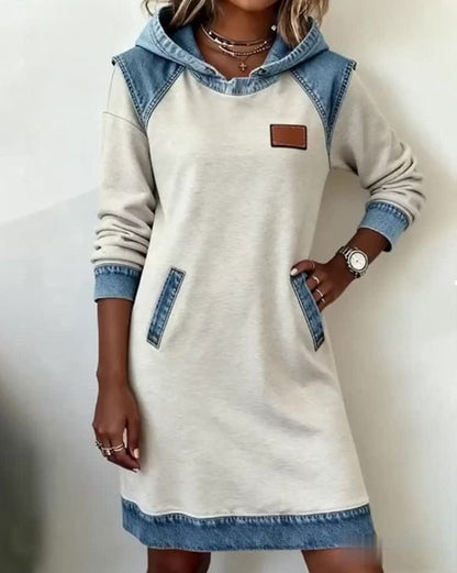 🌷🌞Zimní novinka Módní džínové patchworkové šaty s kapucí