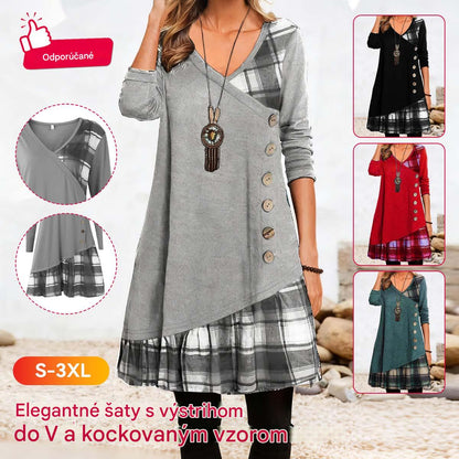 💟【Nov jesenski dodatek】👗Nova elegantna karo obleka z V-izrezom in dolgimi rokavi 2025