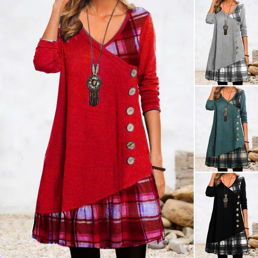 💟【Nov jesenski dodatek】👗Nova elegantna karo obleka z V-izrezom in dolgimi rokavi 2025